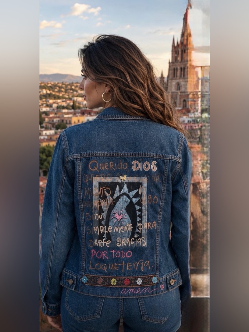 NWT Handmade Trucker Jean Jacket Virgin Mary Madonna One of a Kind St. Lucy Sz L